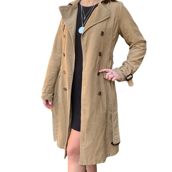 Vintage Jackets & Blazers - Vintage Corduroy Tan Belted Trench Coat W/ Buttons & Pockets Sz M 🤎